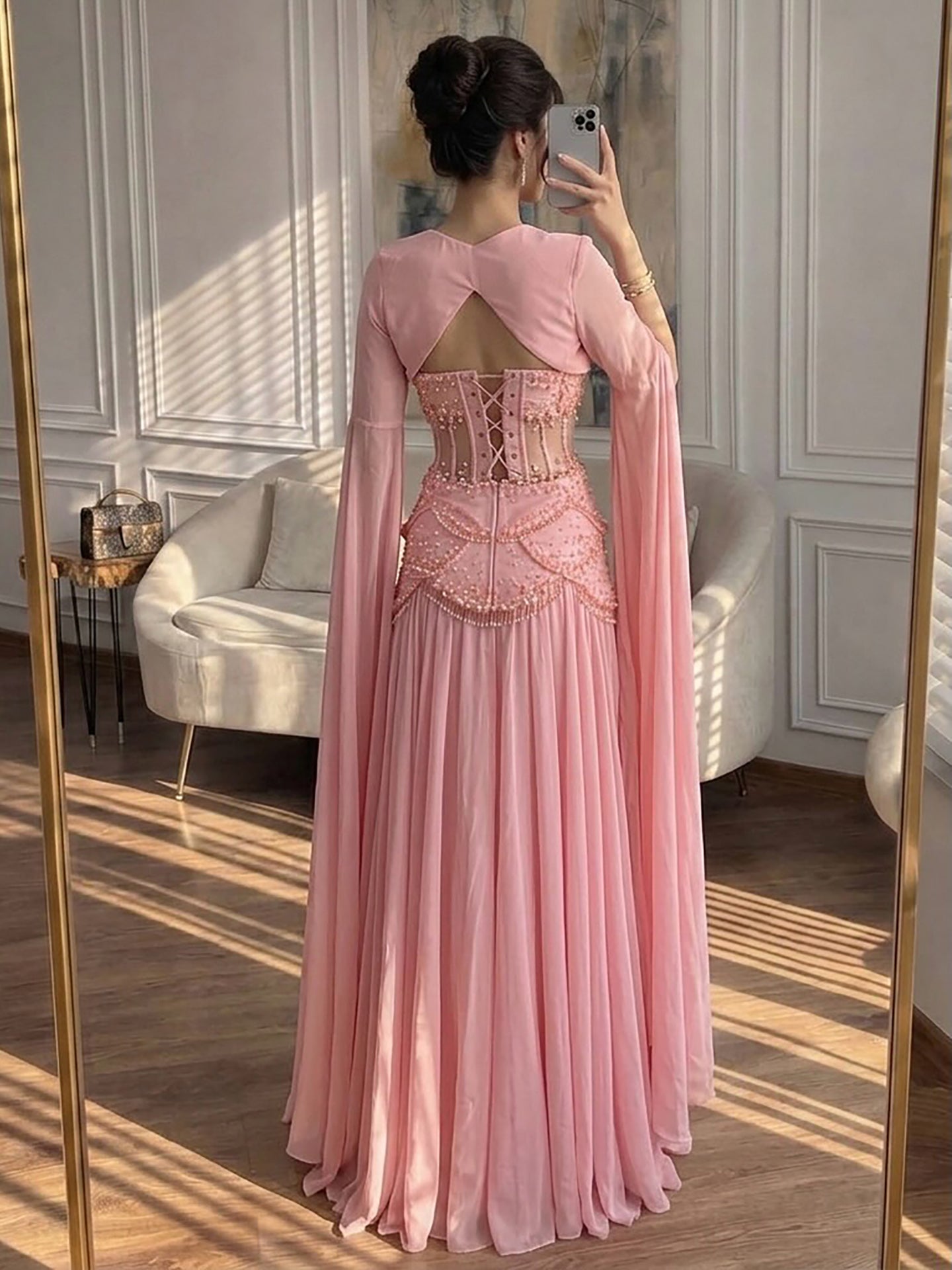 Luxury Pink Beaded A Line Dress with Chiffon Cape Sleeves LA72978B SERENE HILL