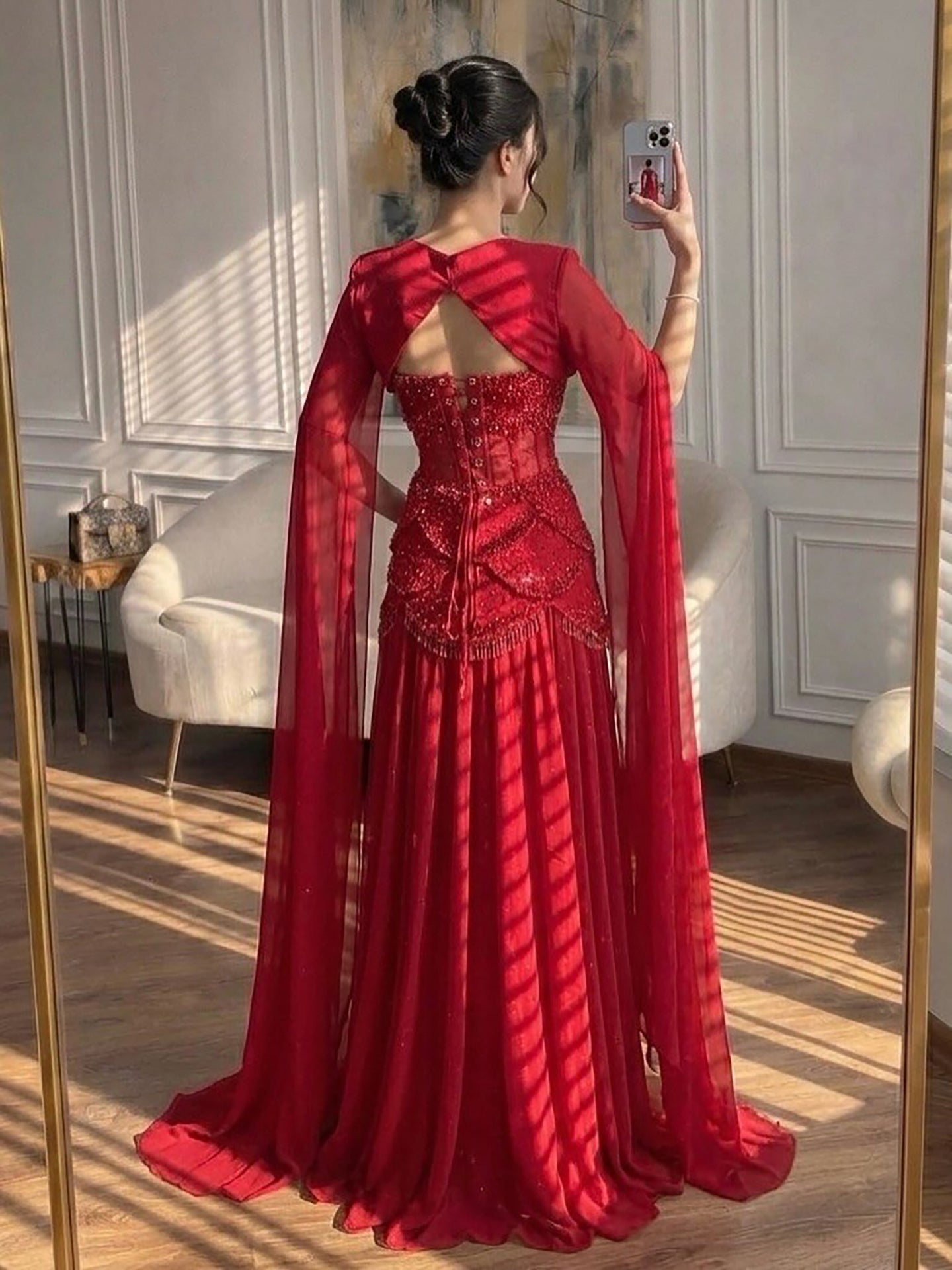 Luxury Pink Beaded A Line Dress with Chiffon Cape Sleeves LA72978B SERENE HILL