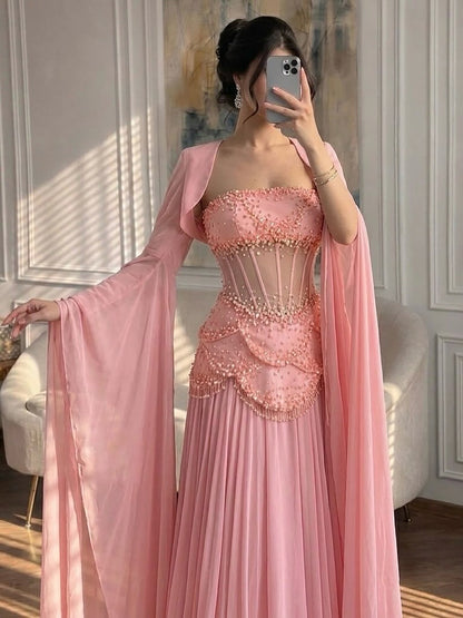 Luxury Pink Beaded A Line Dress with Chiffon Cape Sleeves LA72978B SERENE HILL