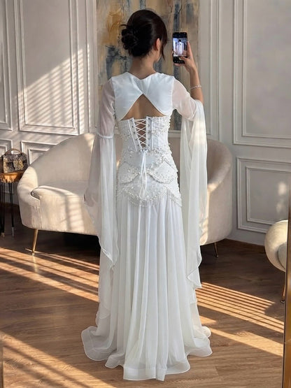 Luxury Pink Beaded A Line Dress with Chiffon Cape Sleeves LA72978B SERENE HILL