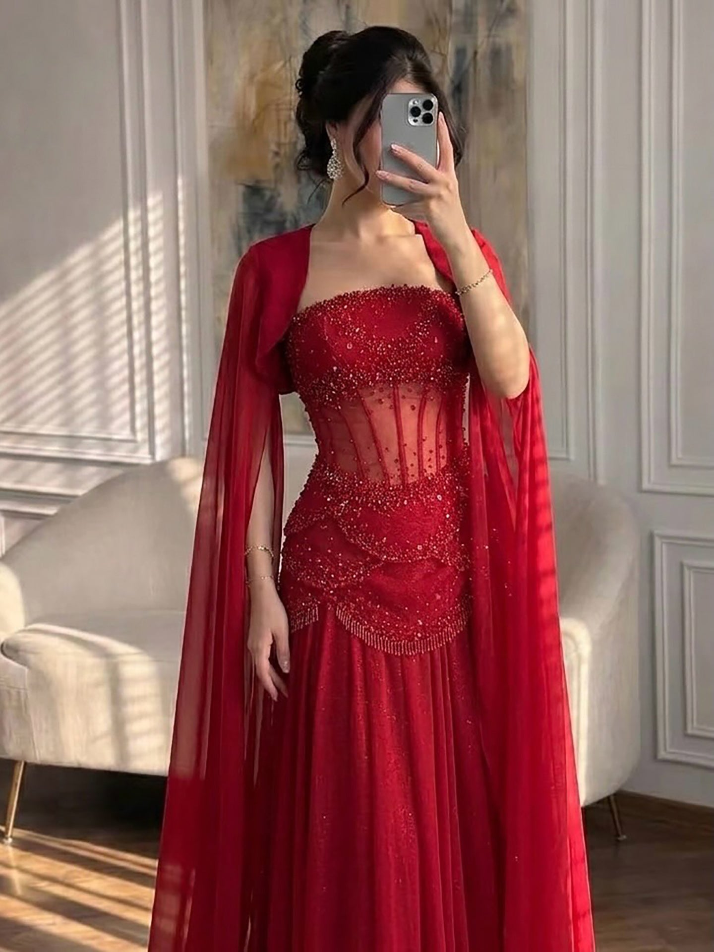 Luxury Pink Beaded A Line Dress with Chiffon Cape Sleeves LA72978B SERENE HILL