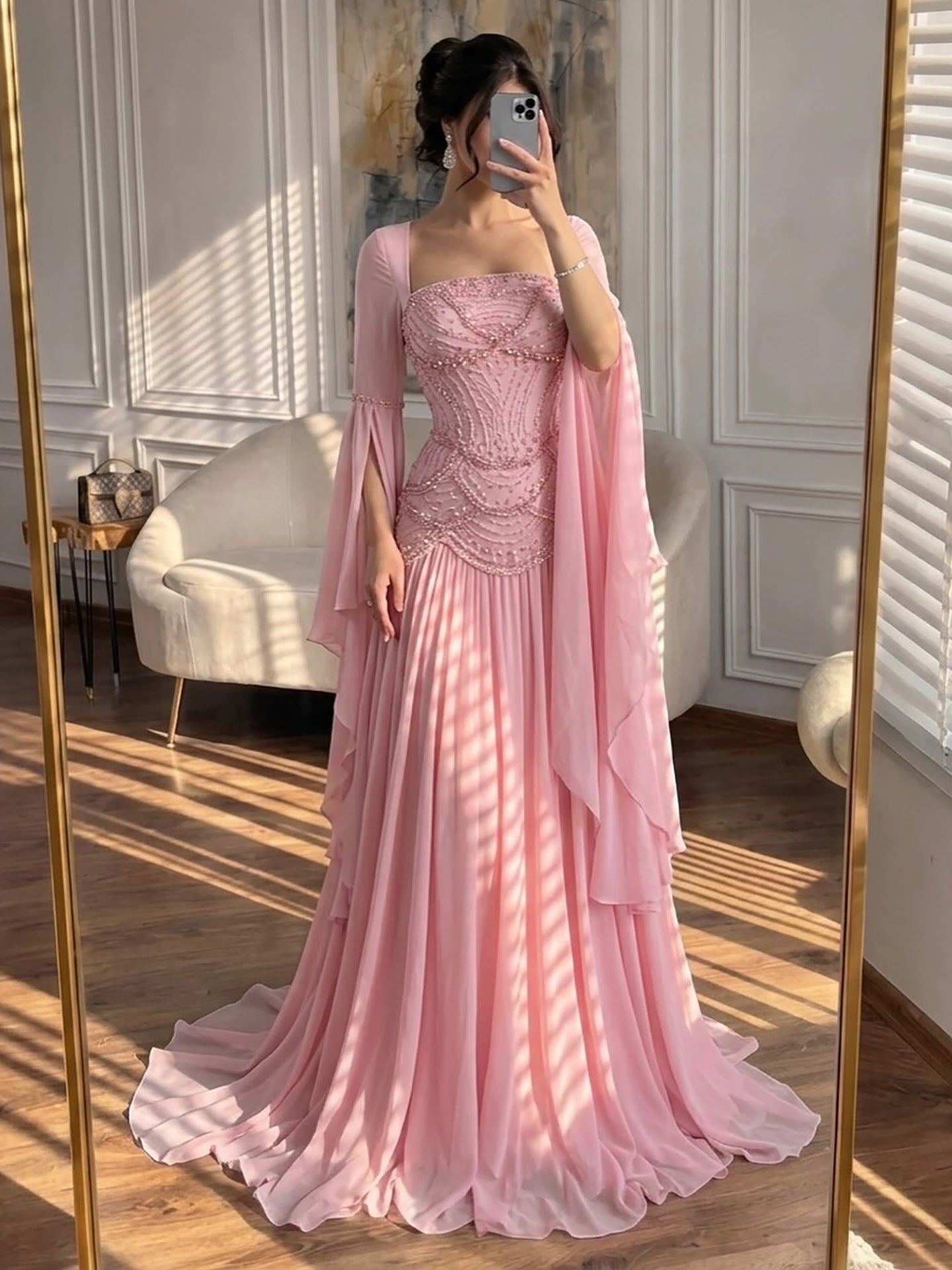 Luxury Pink Beaded A Line Dress with Chiffon Cape Sleeves LA72978B SERENE HILL
