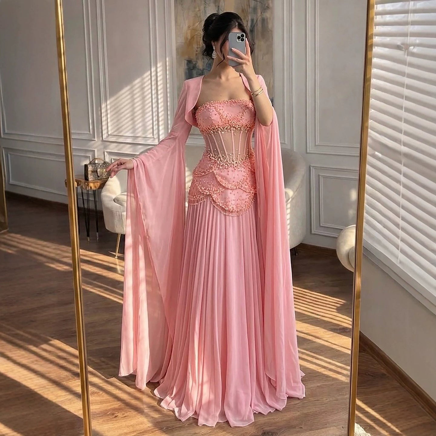 Luxury Pink Beaded A Line Dress with Chiffon Cape Sleeves LA72978B SERENE HILL
