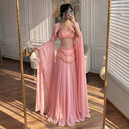 Luxury Pink Beaded A Line Dress with Chiffon Cape Sleeves LA72978B SERENE HILL