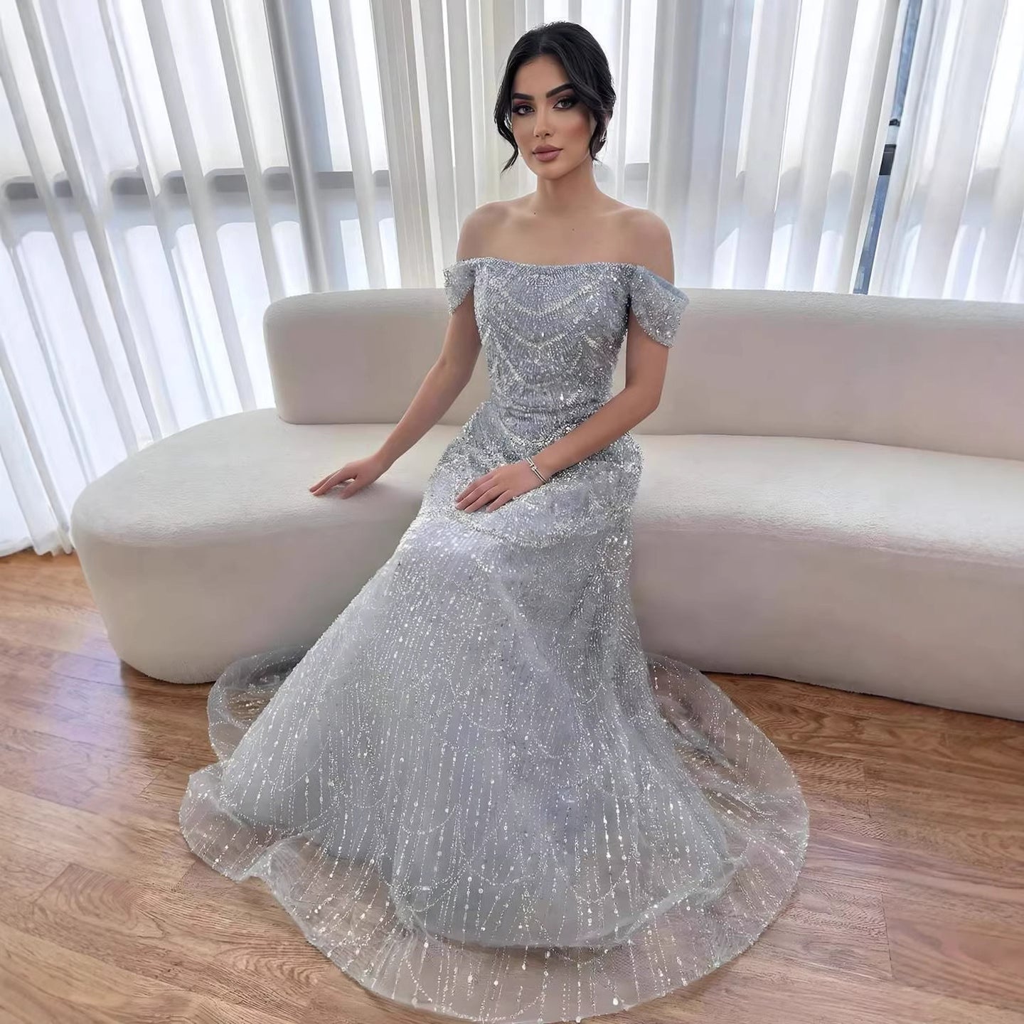 Luxury Nude Off Shoulder Beaded A-Line Evening Dress LA72983C