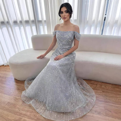 Luxury Nude Off Shoulder Beaded A-Line Evening Dress LA72983C