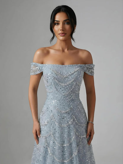 Luxury Nude Off Shoulder Beaded A-Line Evening Dress LA72983C