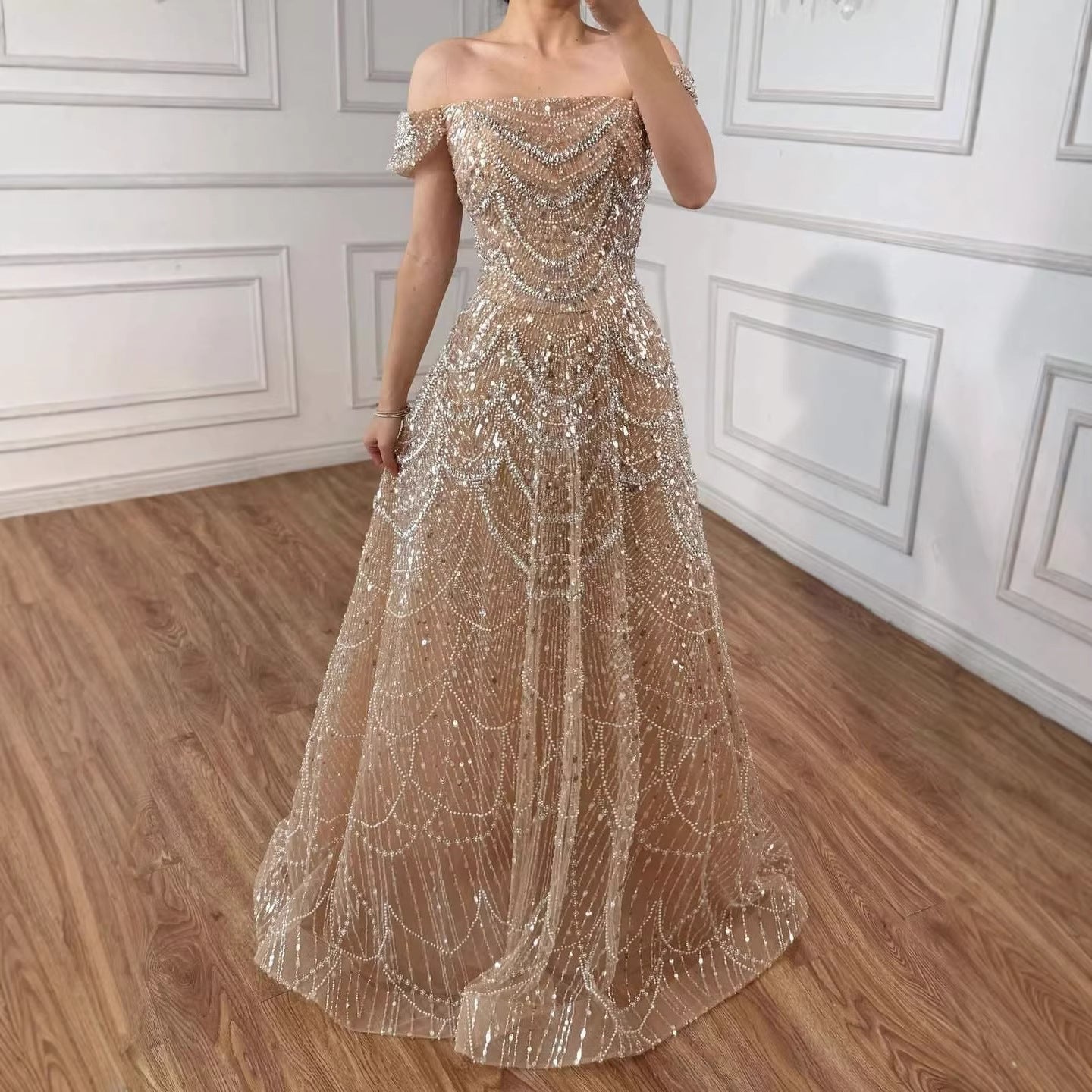 off the shoulder nude dress Off Shoulder Nude Embroidery Floral Mermaid Prom Dresses,PD00170 AlineBridal