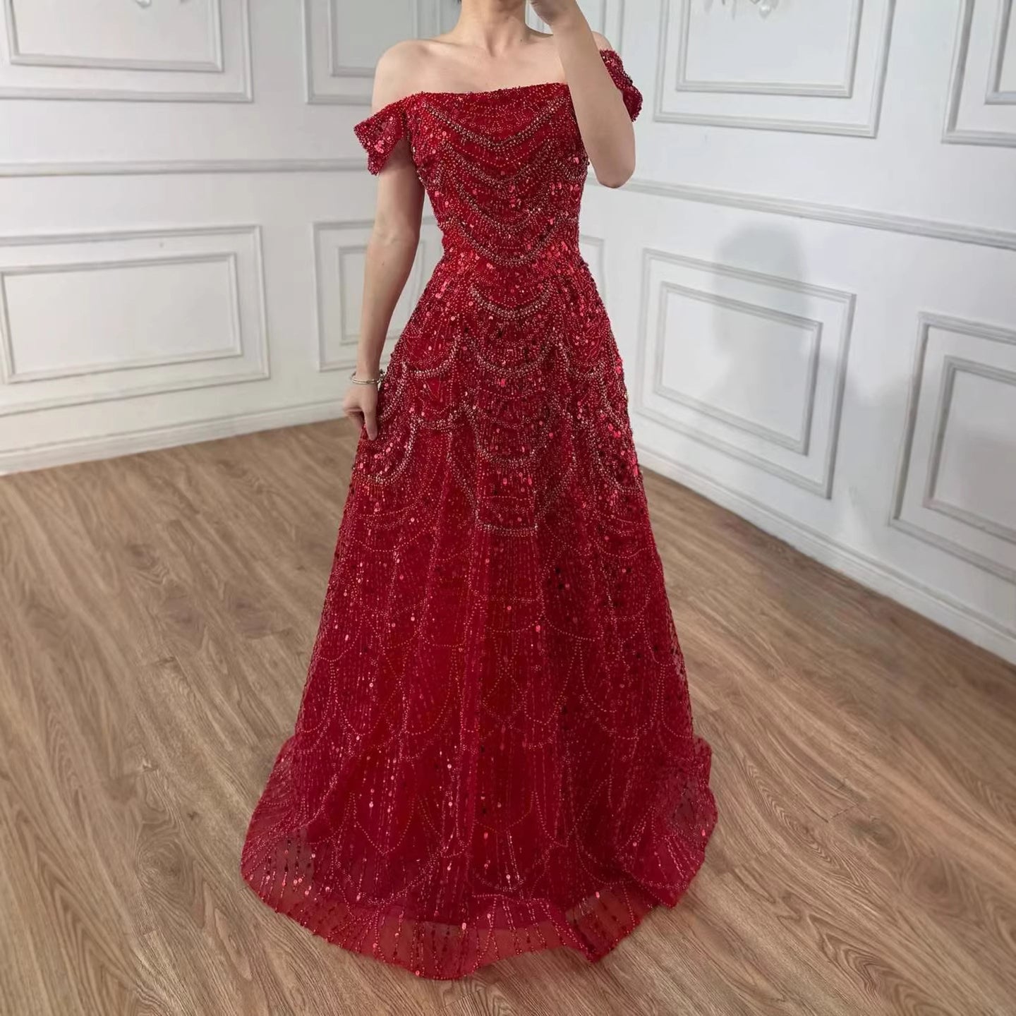 Luxury Nude Off Shoulder Beaded A-Line Evening Dress LA72983C