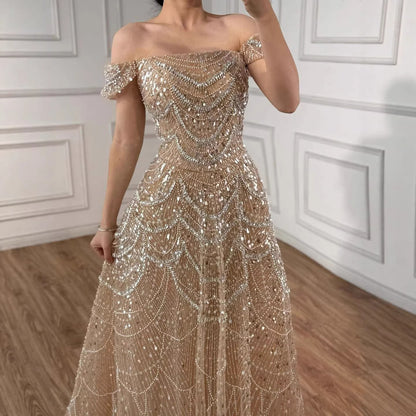 Luxury Nude Off Shoulder Beaded A-Line Evening Dress LA72983C