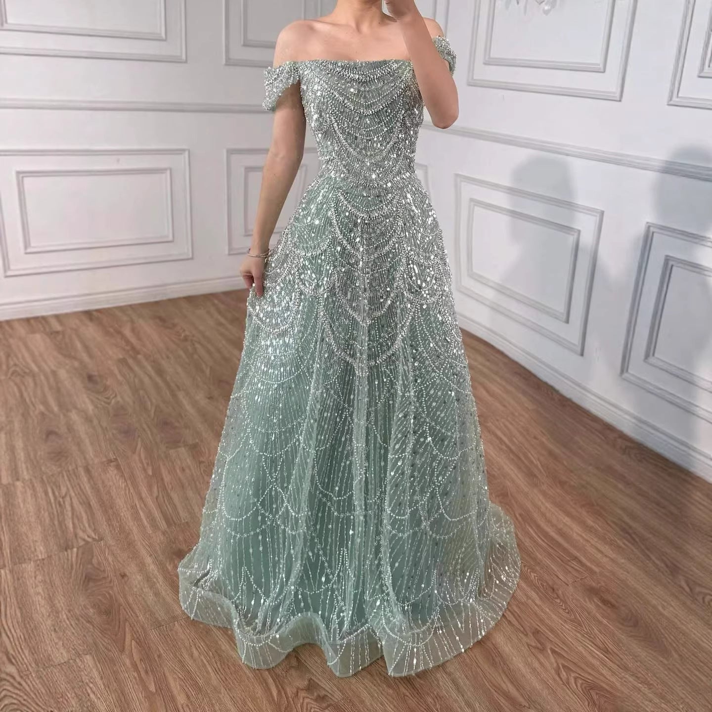 Luxury Nude Off Shoulder Beaded A-Line Evening Dress LA72983C