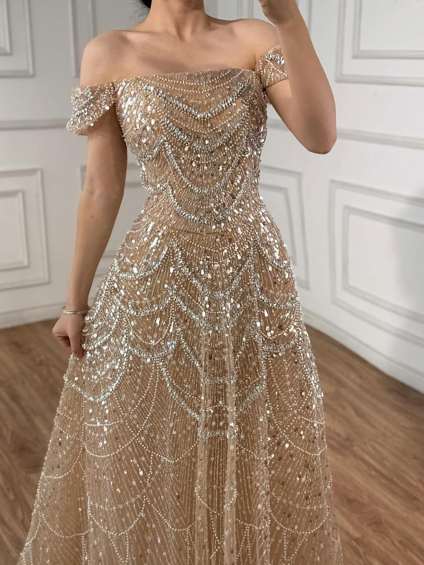 Luxury Nude Off Shoulder Beaded A-Line Evening Dress LA72983C