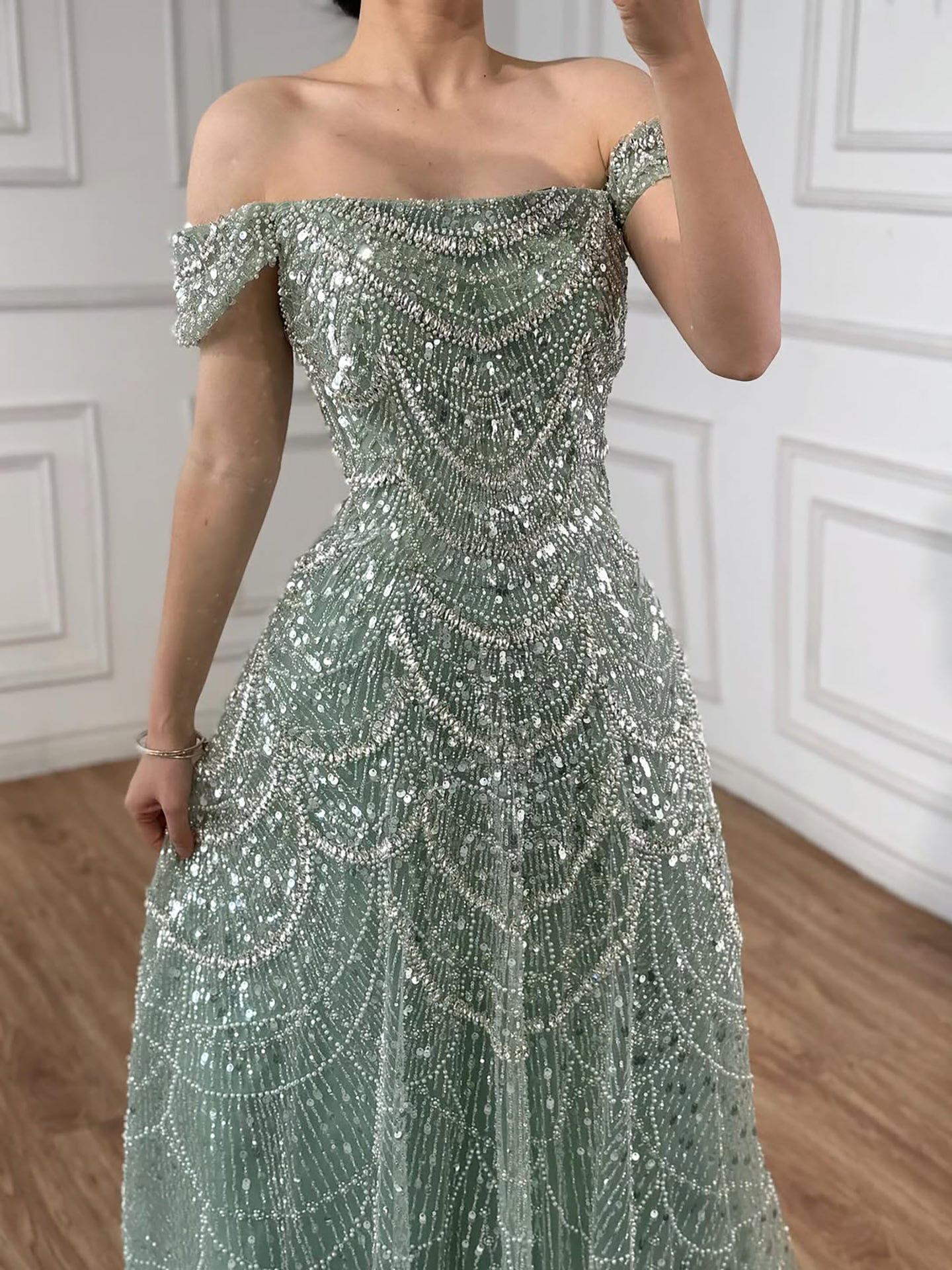 Luxury Nude Off Shoulder Beaded A-Line Evening Dress LA72983C