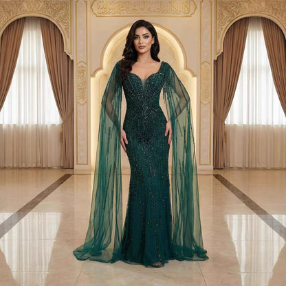 Luxury Caramel Beaded Evening Dress With Cape LA72992A