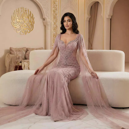 Luxury Caramel Beaded Evening Dress With Cape LA72992A