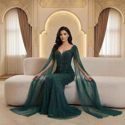Luxury Caramel Beaded Evening Dress With Cape LA72992A