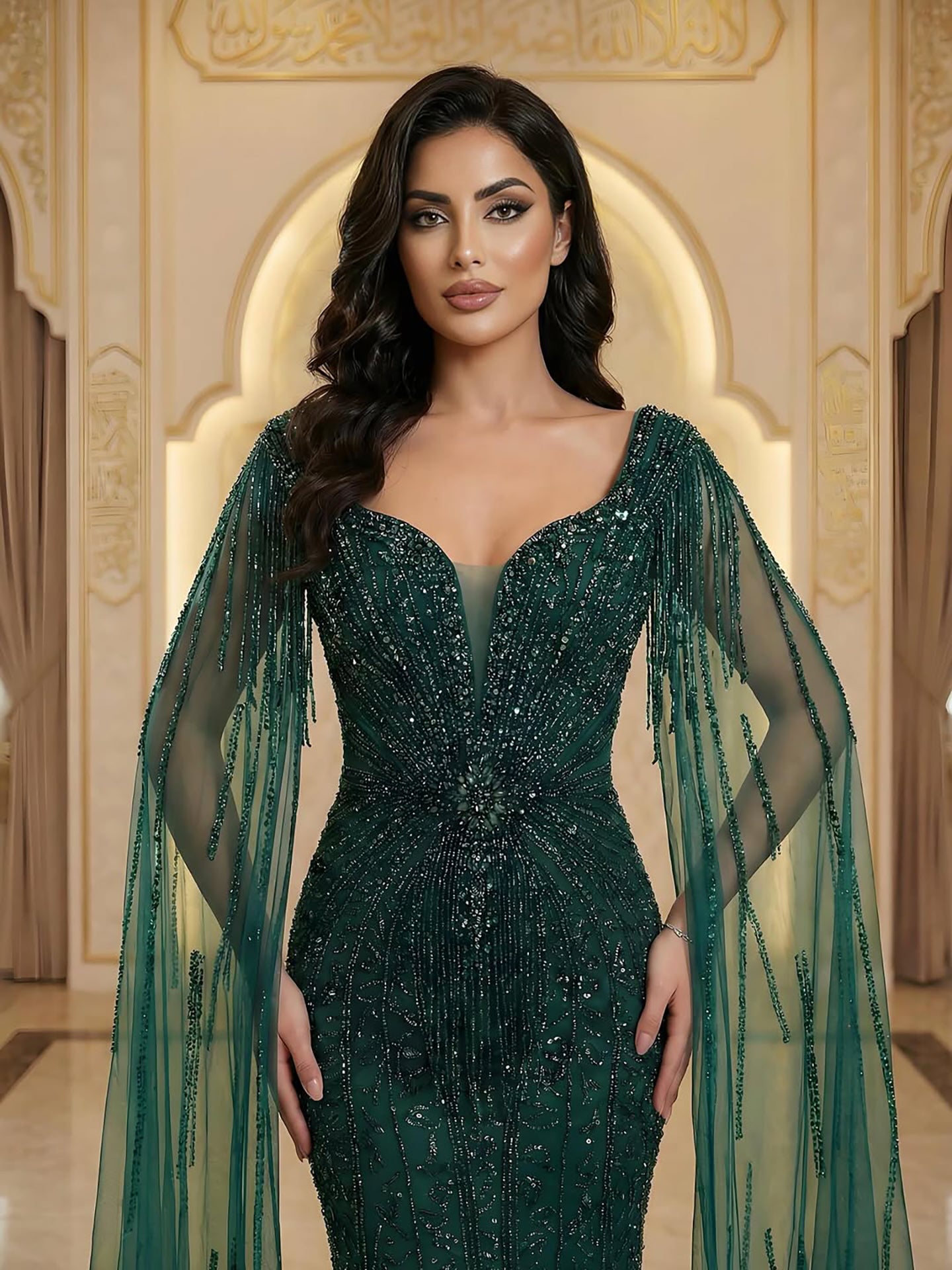 Luxury Caramel Beaded Evening Dress With Cape LA72992A