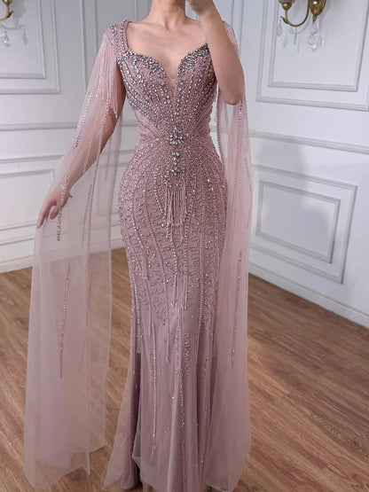 Luxury Caramel Beaded Evening Dress With Cape LA72992A
