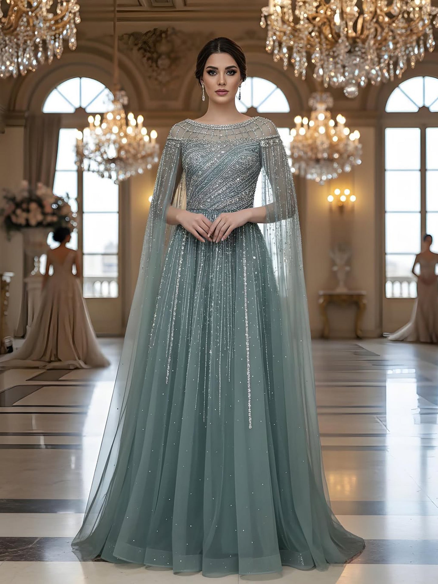 Luxury Caramel Beaded Evening Dress with Cape LA72994 - SERENE  HILL