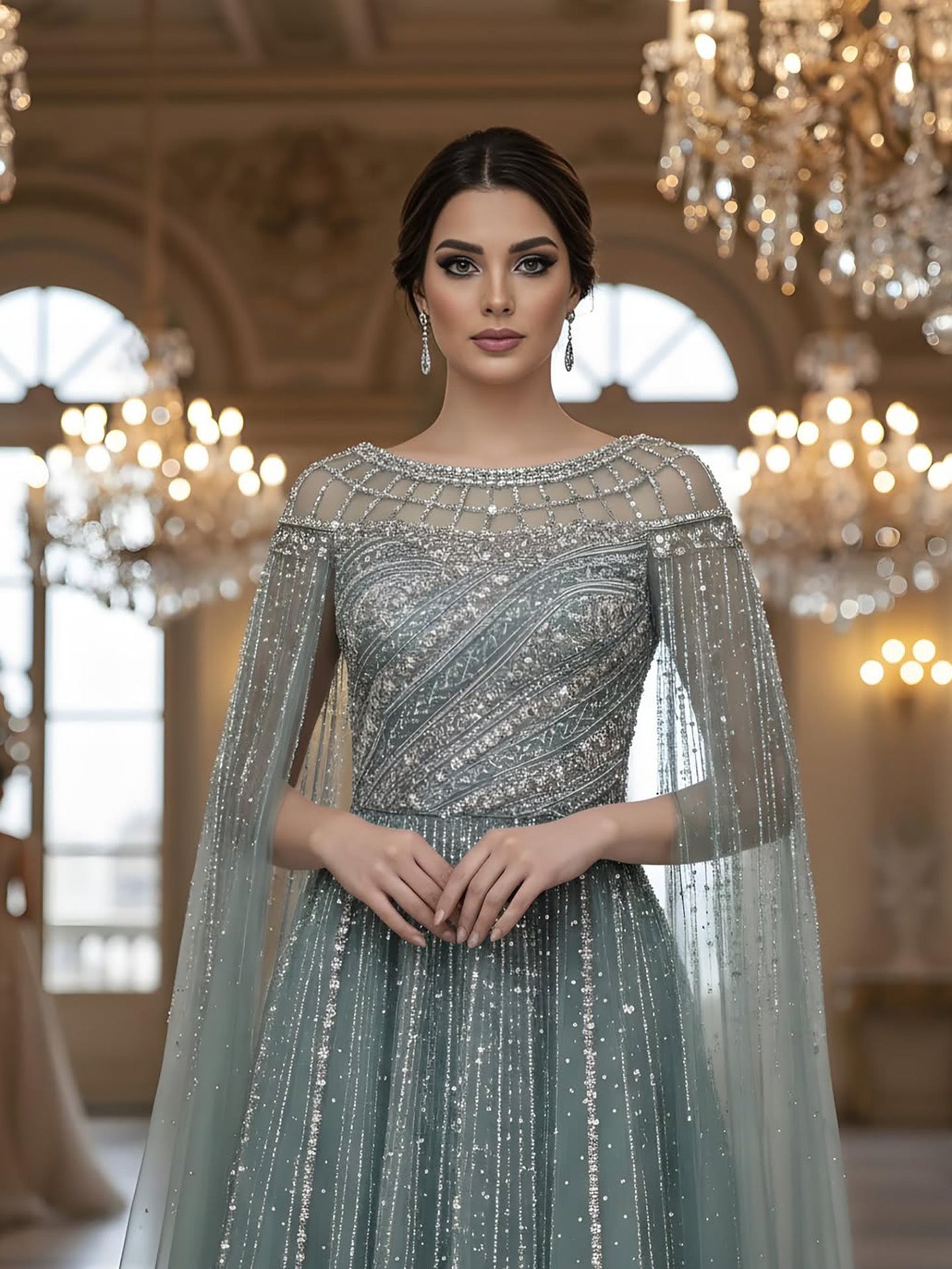 Luxury Caramel Beaded Evening Dress with Cape LA72994 - SERENE  HILL