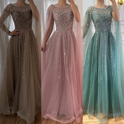 Luxury Caramel Beaded Evening Dress with Cape LA72994 - SERENE  HILL
