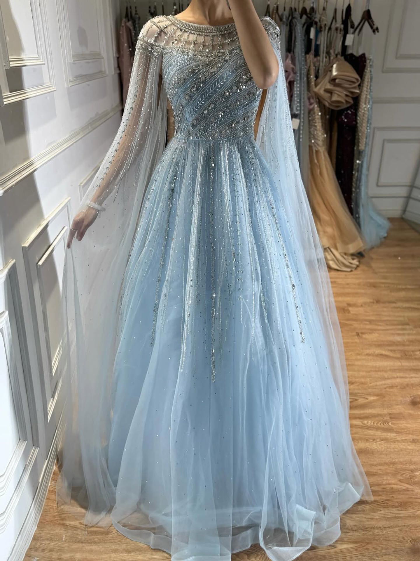 Luxury Caramel Beaded Evening Dress with Cape LA72994