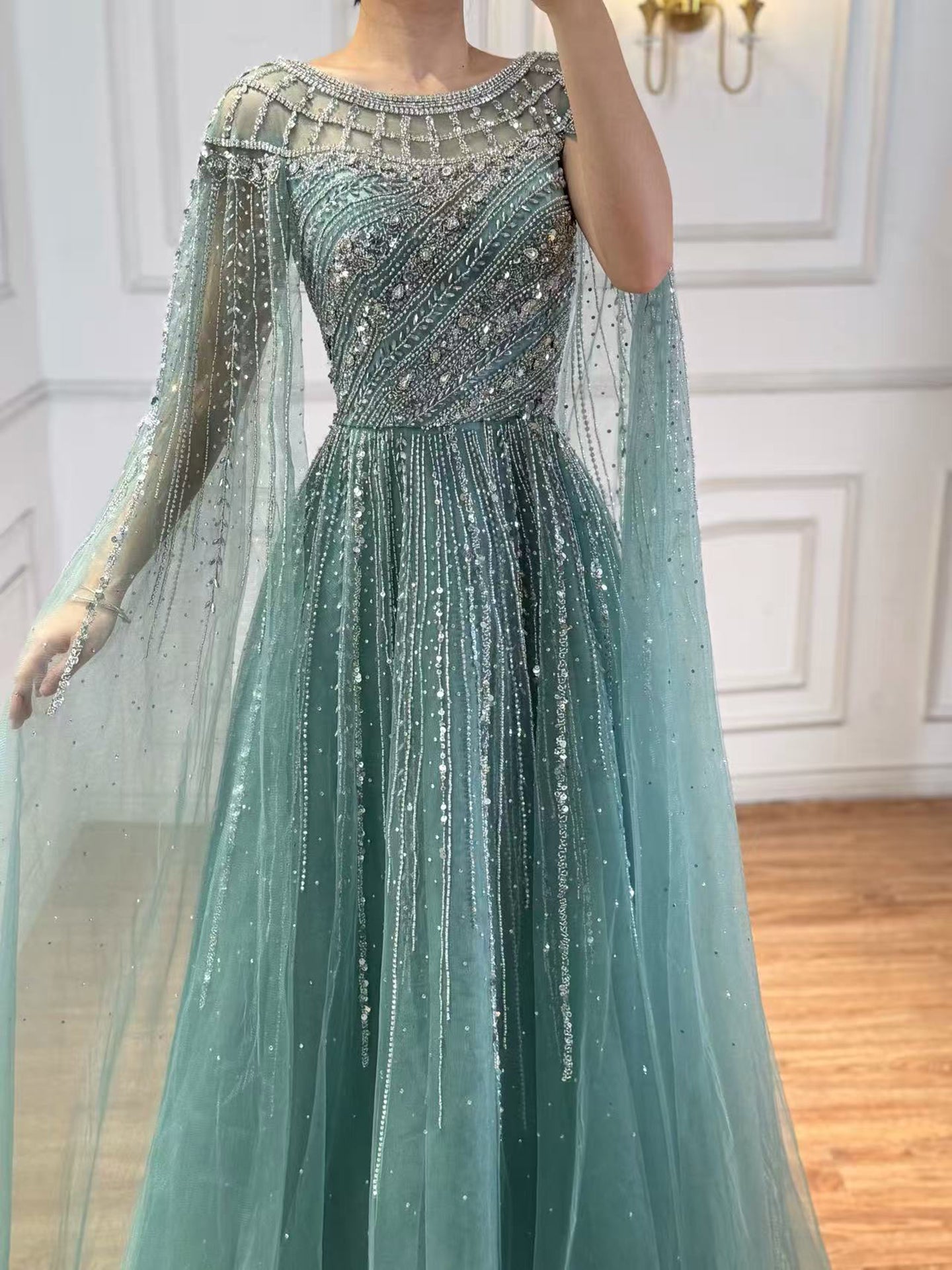Luxury Caramel Beaded Evening Dress with Cape LA72994 - SERENE  HILL