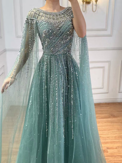 Luxury Caramel Beaded Evening Dress with Cape LA72994 - SERENE  HILL