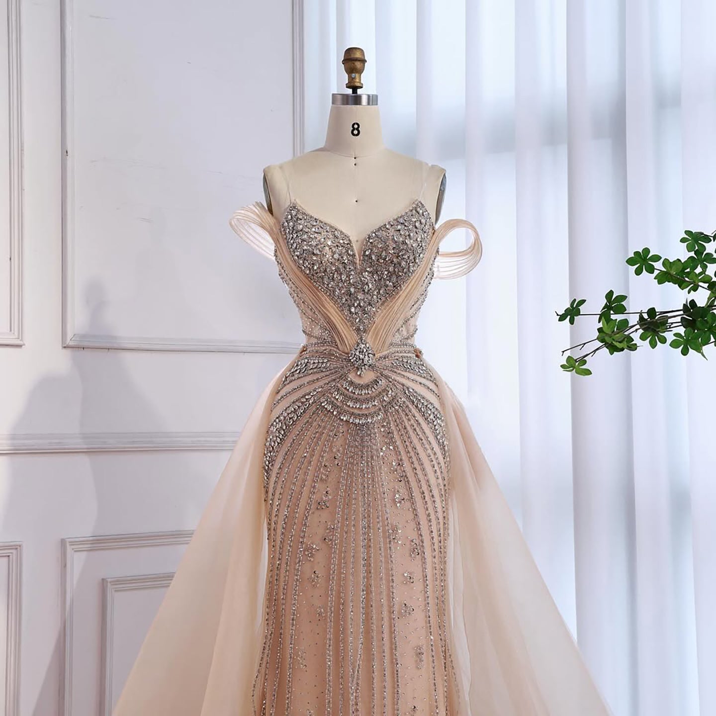 Luxury Nude Beaded Mermaid Evening Dress with Overskirt and Slit LA73034 - SERENE  HILL