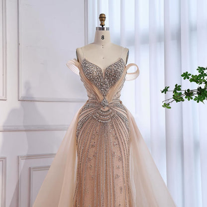 Luxury Nude Beaded Mermaid Evening Dress with Overskirt and Slit LA73034 - SERENE  HILL