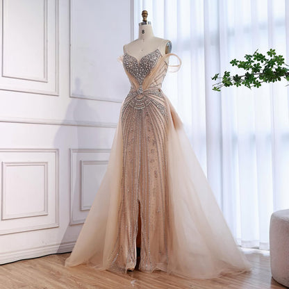 Luxury Nude Beaded Mermaid Evening Dress with Overskirt and Slit LA73034 - SERENE  HILL
