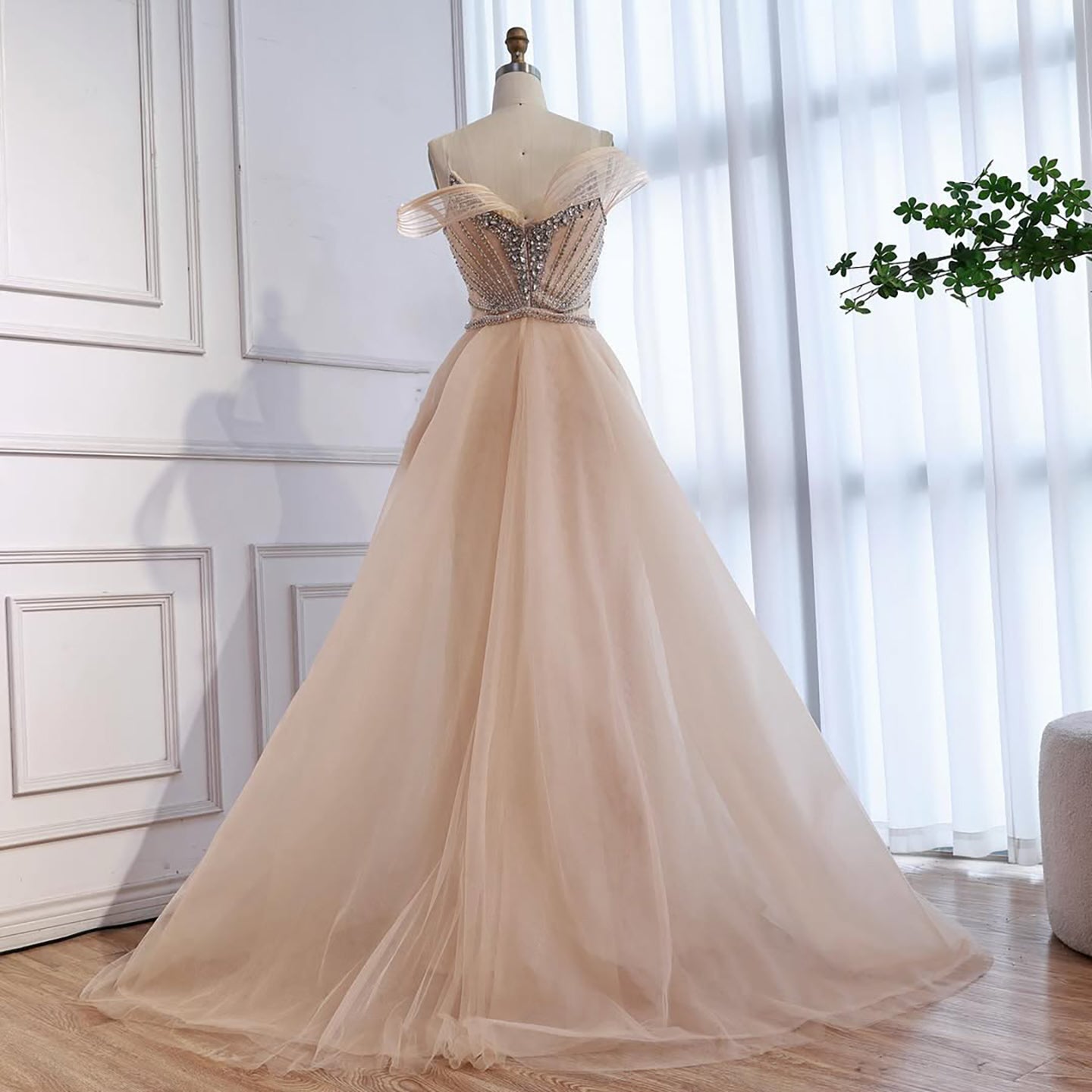 Luxury Nude Beaded Mermaid Evening Dress with Overskirt and Slit LA73034 - SERENE  HILL
