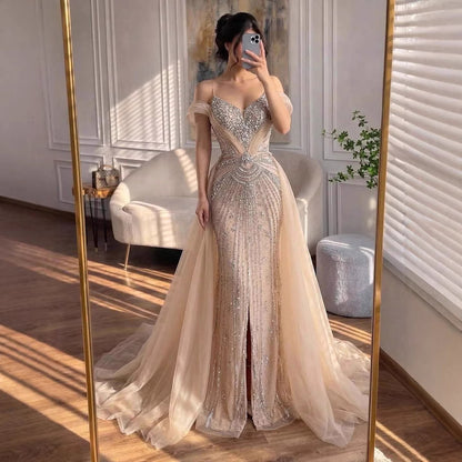 Luxury Nude Beaded Mermaid Evening Dress with Overskirt and Slit LA73034 - SERENE  HILL