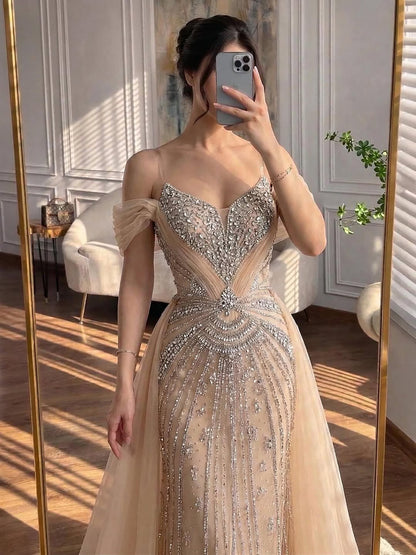 Luxury Nude Beaded Mermaid Evening Dress with Overskirt and Slit LA73034 - SERENE  HILL