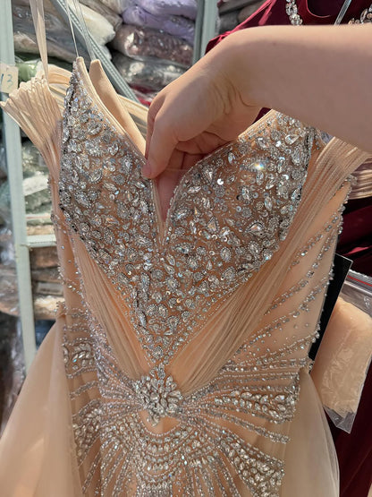 Luxury Nude Beaded Mermaid Evening Dress with Overskirt and Slit LA73034 - SERENE  HILL
