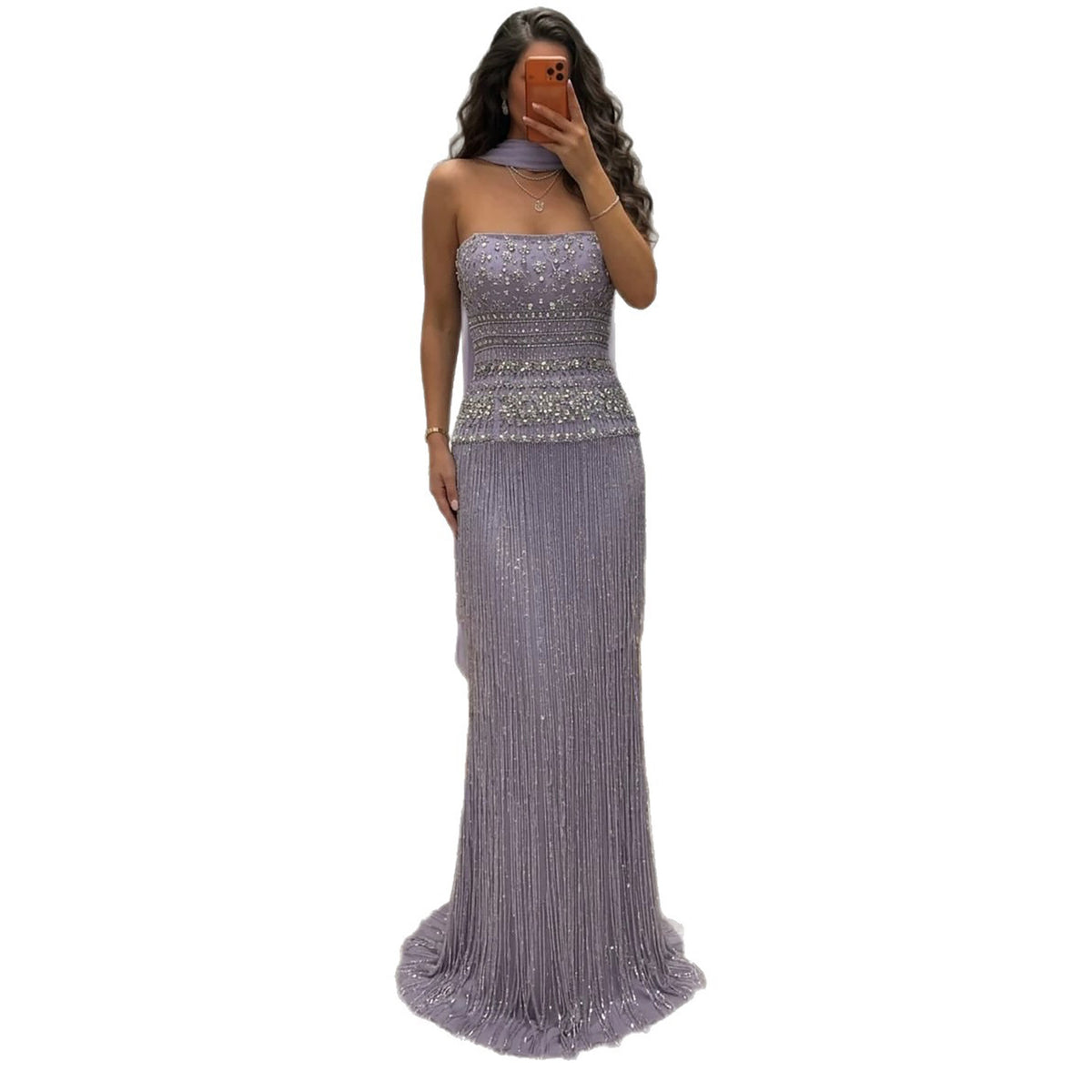Lilac Crystal Beaded Tassel Strapless Column Evening Dress LA73044B