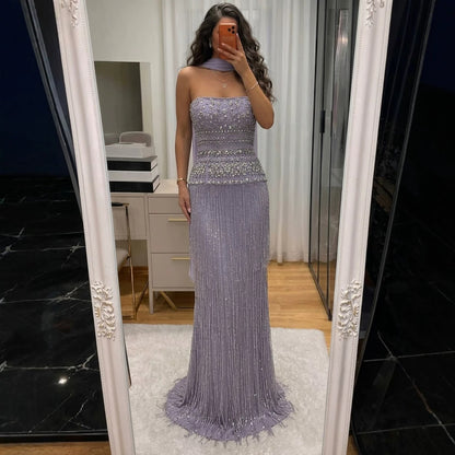 Lilac Crystal Beaded Tassel Strapless Column Evening Dress LA73044B