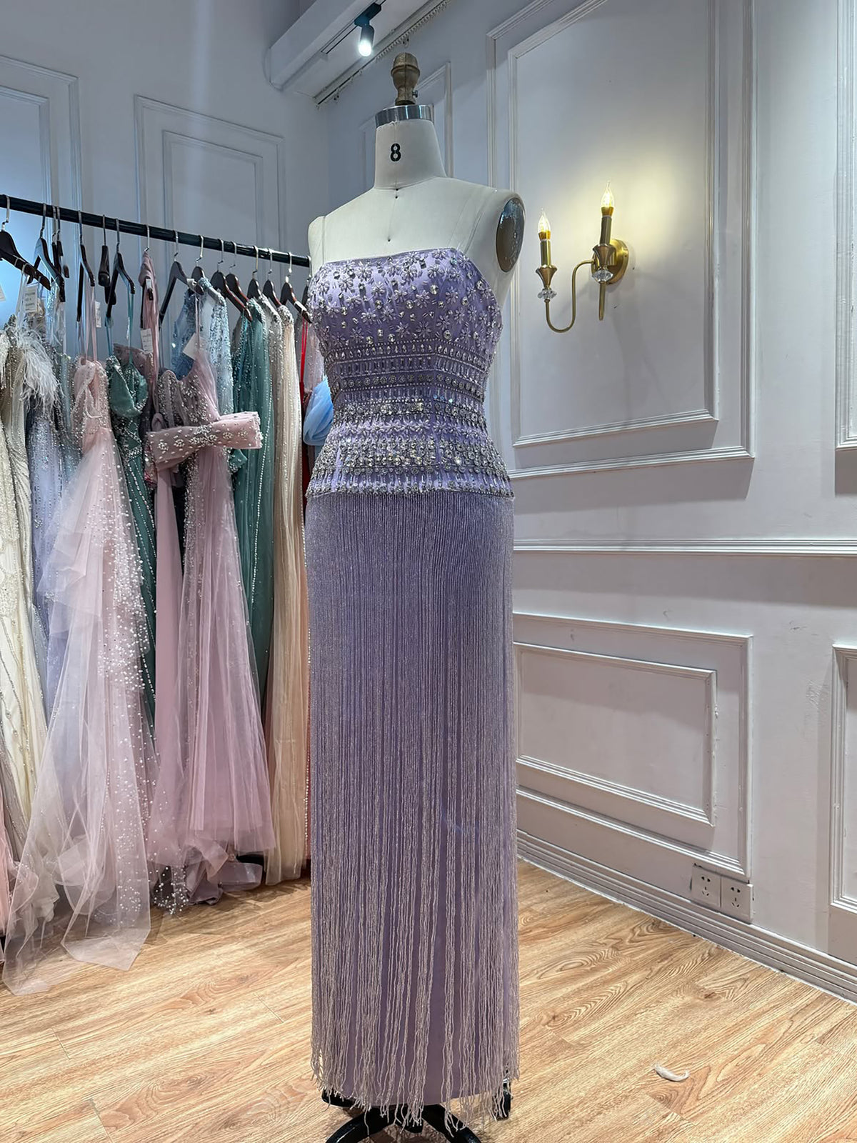 Lilac Crystal Beaded Tassel Strapless Column Evening Dress LA73044B