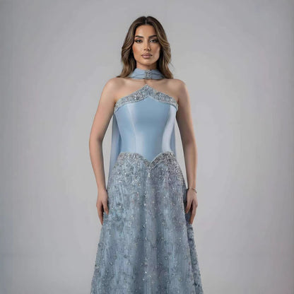 Luxury Arabic Blue Strapless Beaded A-Line Evening Dress with Scarf LA73050F