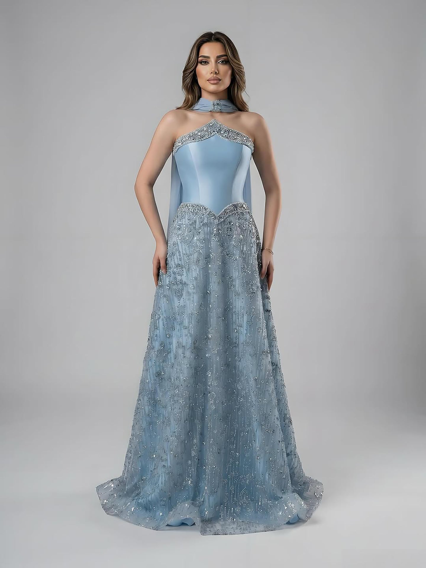 Luxury Arabic Blue Strapless Beaded A-Line Evening Dress with Scarf LA73050F
