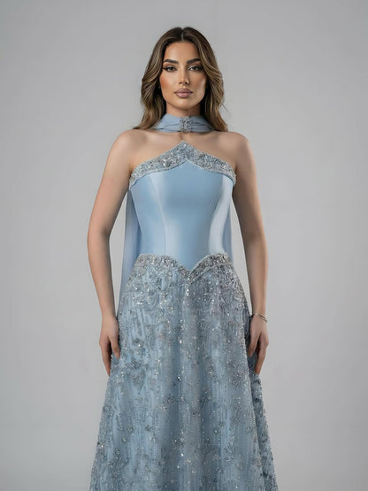 Luxury Arabic Blue Strapless Beaded A-Line Evening Dress with Scarf LA73050F