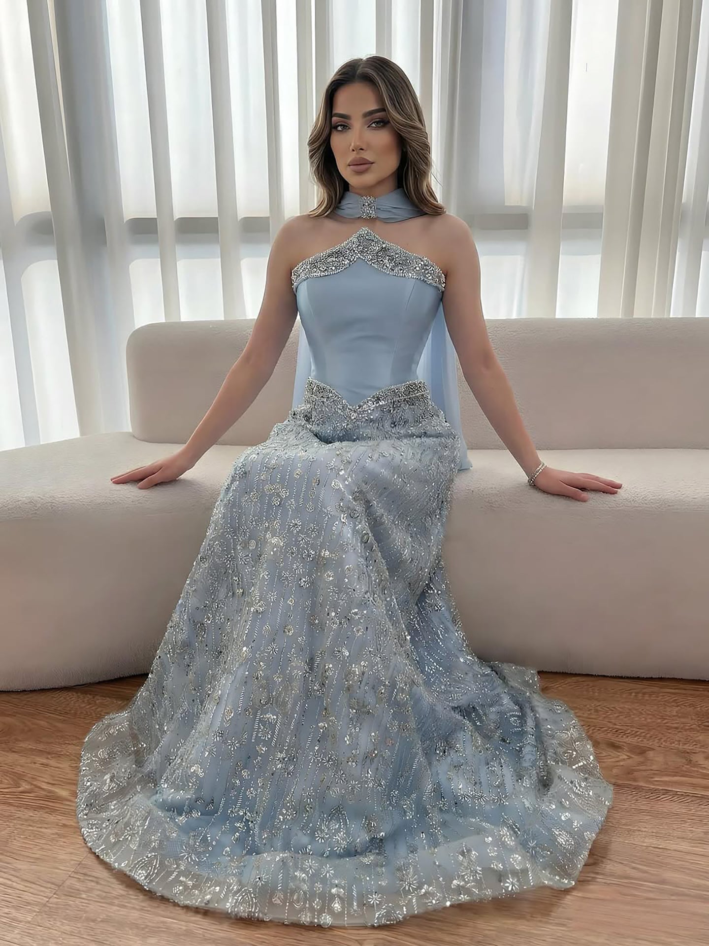 Luxury Arabic Blue Strapless Beaded A-Line Evening Dress with Scarf LA73050F