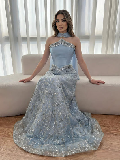 Luxury Arabic Blue Strapless Beaded A-Line Evening Dress with Scarf LA73050F