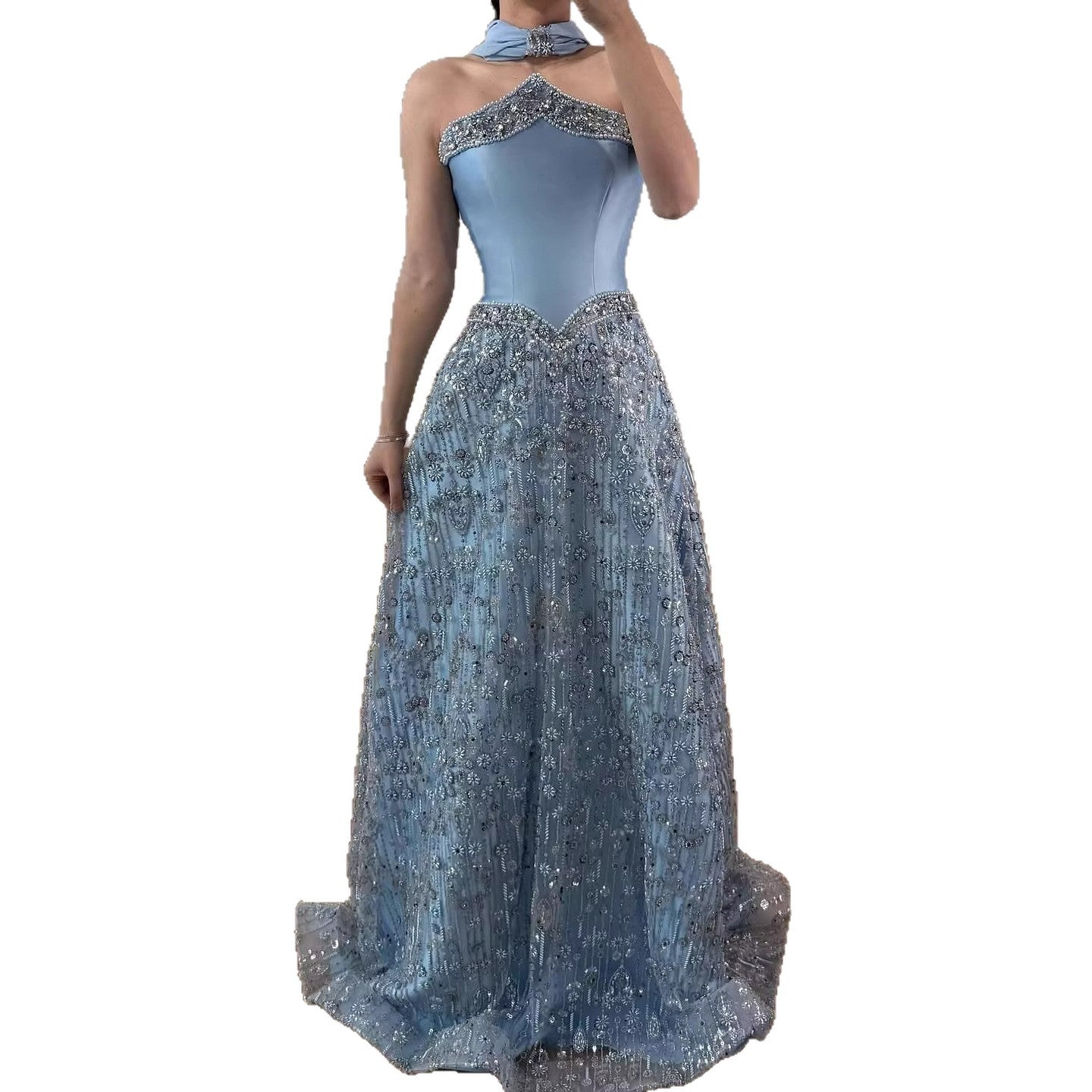 Luxury Arabic Blue Strapless Beaded A-Line Evening Dress with Scarf LA73050F