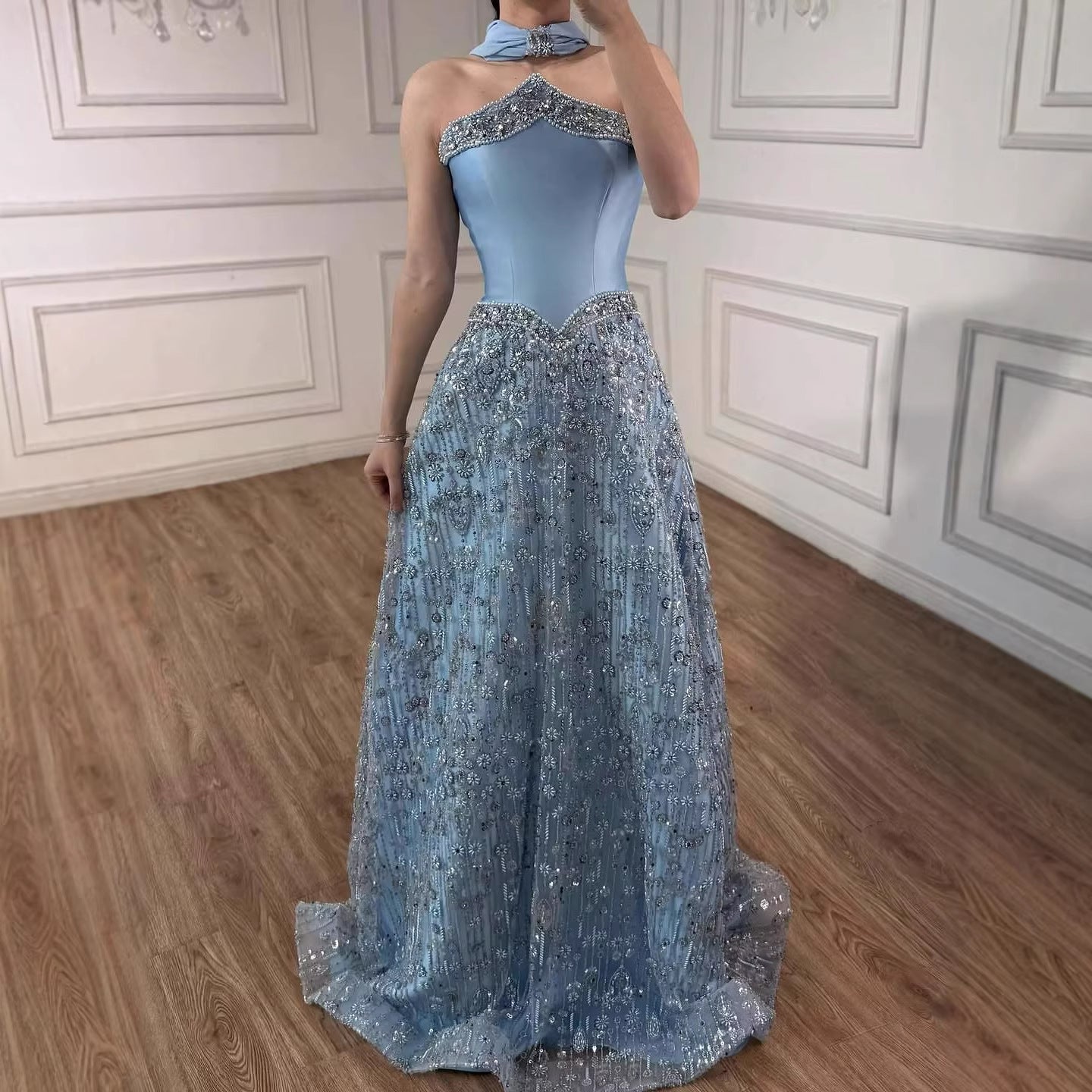 Luxury Arabic Blue Strapless Beaded A-Line Evening Dress with Scarf LA73050F
