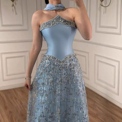 Luxury Arabic Blue Strapless Beaded A-Line Evening Dress with Scarf LA73050F