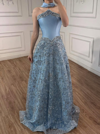 Luxury Arabic Blue Strapless Beaded A-Line Evening Dress with Scarf LA73050F