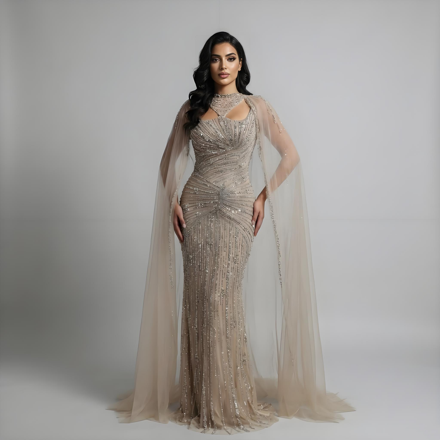 Luxury Caramel Mermaid Evening Dress with Cape Sleeves LA73052 - SERENE HILL