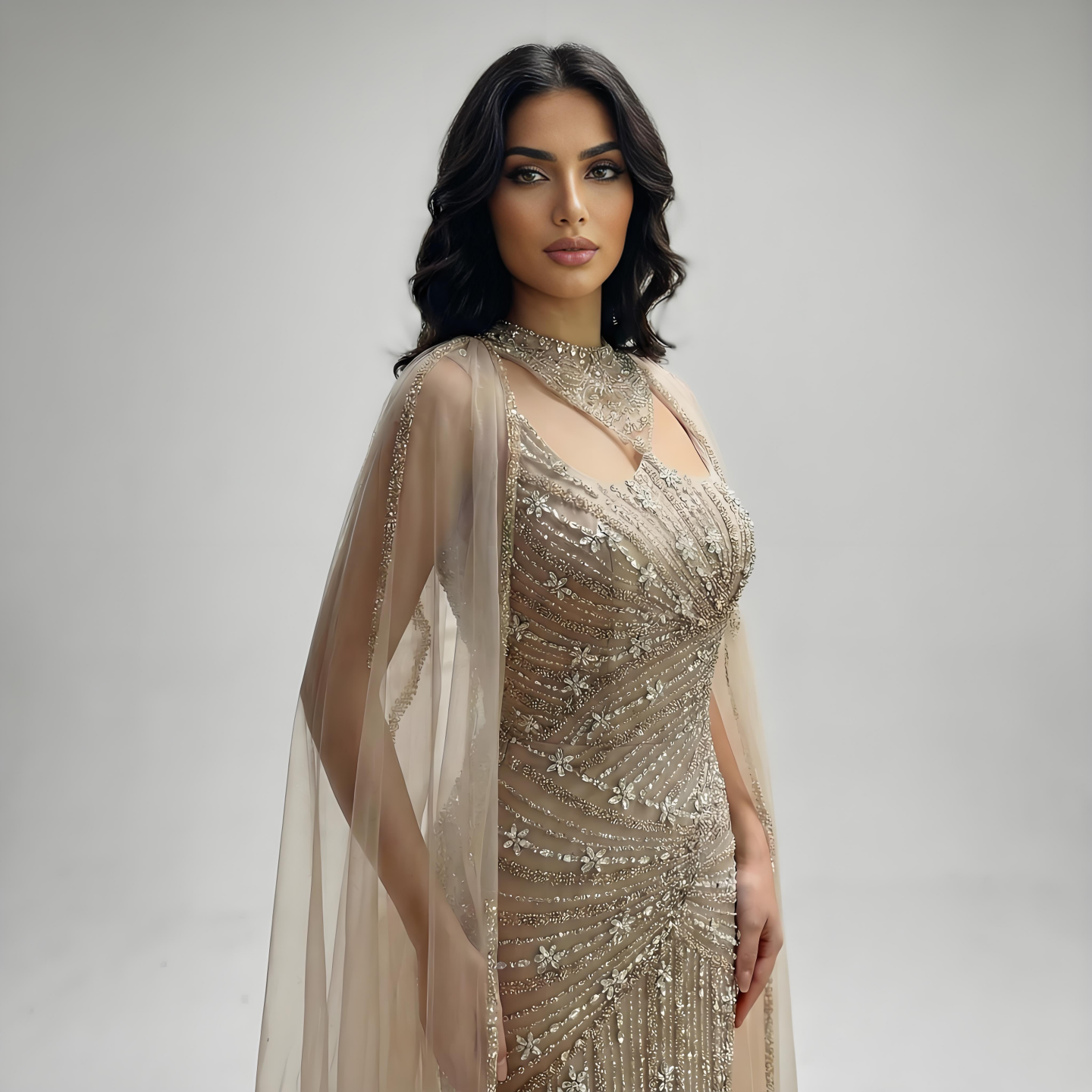 Luxury Caramel Mermaid Evening Dress with Cape Sleeves LA73052 - SERENE HILL