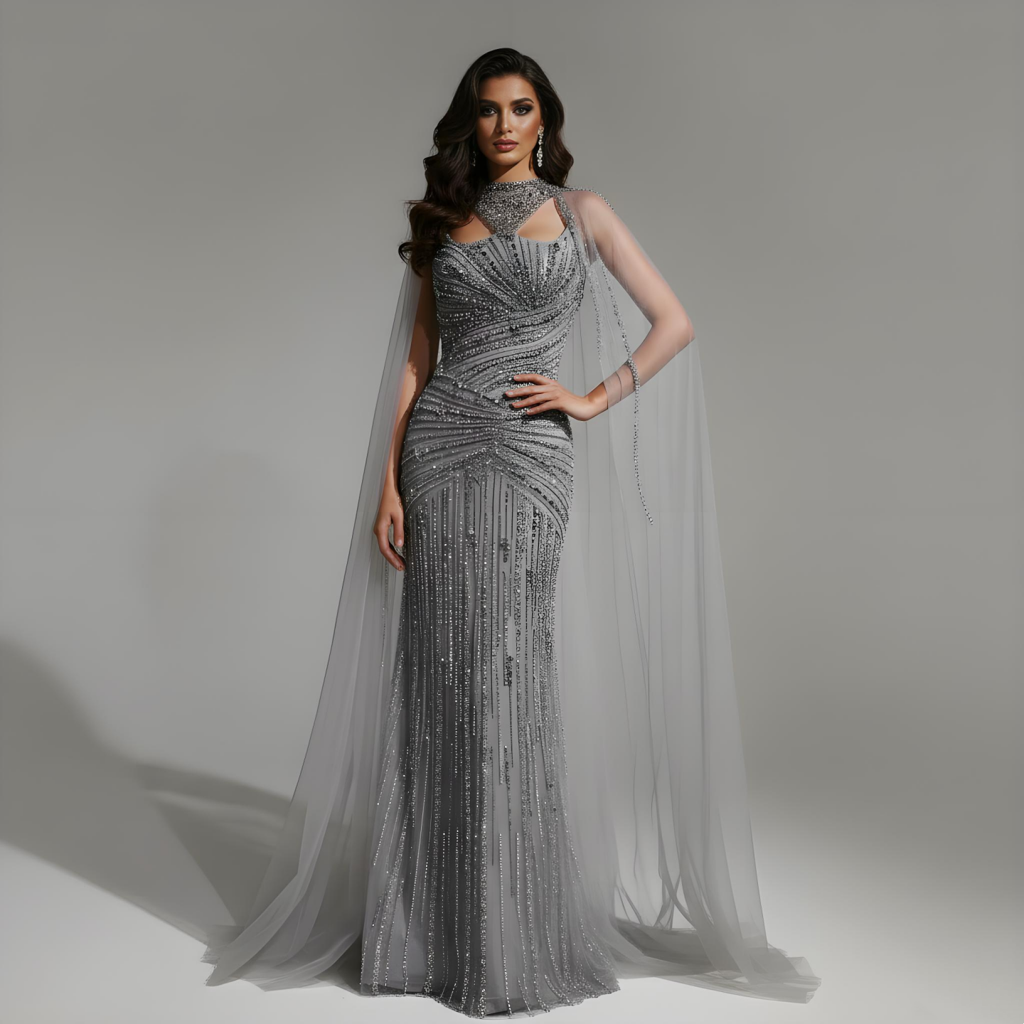 Luxury Caramel Mermaid Evening Dress with Cape Sleeves LA73052 - SERENE HILL